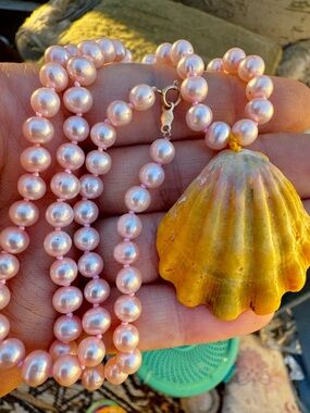 Rare Hawaii solid 10k  gold genuine pearl/sunrise shell necklace-for royalty